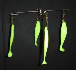 7 inch 4 arm Umbrella Rig with 4 4 inch shads and Mini Ruby Lip Parachute  with shad ready to fish