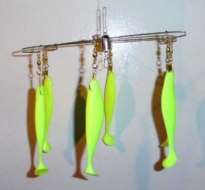 7 inch 4 arm Umbrella Rig with 4 4 inch shads and Mini Ruby Lip Parachute  with shad ready to fish – June Bug Tackle Co.
